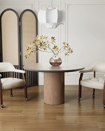 Large Dining Chairs with Casters and Arms, Rolling Dining Chairs with Wheels, Accent Game Poker Chairs, Wood Boss Caption's Chairs, 26“Dx25.2 Wx31.5“H, Cherry Legs & Ivory PU, SY-1533-WT - LeafyLoom