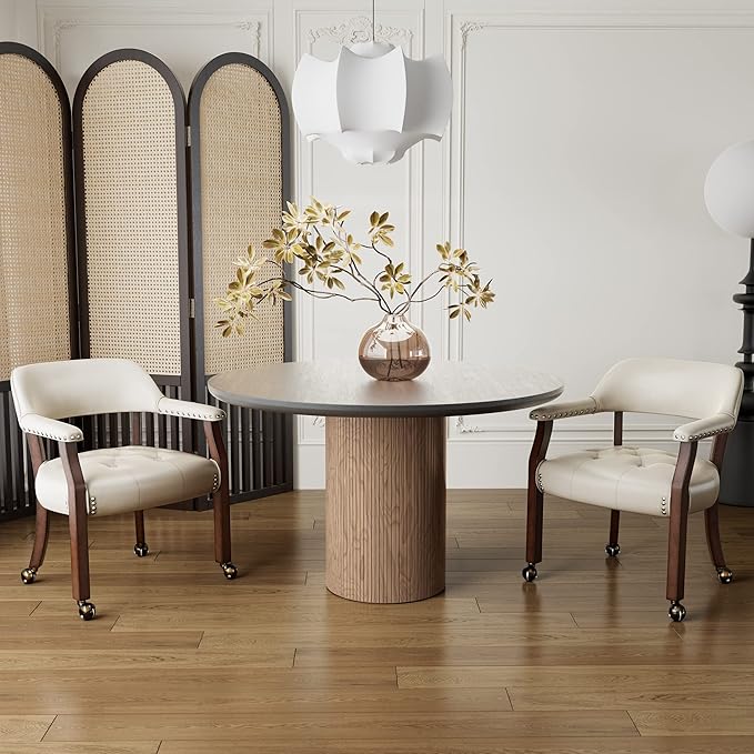 Large Dining Chairs with Casters and Arms, Rolling Dining Chairs with Wheels, Accent Game Poker Chairs, Wood Boss Caption's Chairs, 26“Dx25.2 Wx31.5“H, Cherry Legs & Ivory PU, SY-1533-WT - LeafyLoom