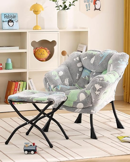 Welnow Toddler Kids Lazy Chair with Ottoman, Glow in The Dark Accent Comfy Lounge Children Armchair Couch with Removable Cover, Detachable Reading Chair with Footrest for Boy or Girl, Grey Dinosaur - LeafyLoom