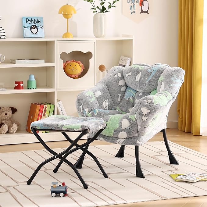 Welnow Toddler Kids Lazy Chair with Ottoman, Glow in The Dark Accent Comfy Lounge Children Armchair Couch with Removable Cover, Detachable Reading Chair with Footrest for Boy or Girl, Grey Dinosaur - LeafyLoom