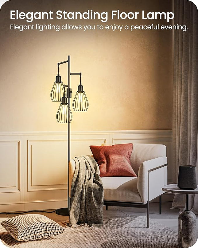Farmhouse Dimmable Floor Lamp, Industrial Tall Standing Tree Lamp with 3 Elegant Teardrop Cage Heads, 4W 3 LED Bulbs Included, Rustic Standing Lamp for Living Room, Bedroom, Black B01LD05 - LeafyLoom
