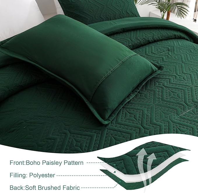 WONGS BEDDING Emerald Green Comforter Set Queen Size(90“×90”), Boho Geometric Textured Bedding Comforter Sets - 3 Pieces Reversible Soft Microfiber Ultrasonic Bedding with 2 Pillowcases - LeafyLoom