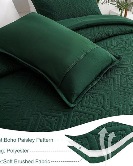WONGS BEDDING Emerald Green Comforter Set King Size(104“×90”), Boho Geometric Textured Bedding Comforter Sets - 3 Pieces Reversible Soft Microfiber Ultrasonic Bedding with 2 PillowCases - LeafyLoom