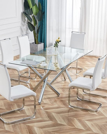 Dining Chairs Set, Kitchen Modern Metal Chairs with Faux Leather Padded Seat High Back and Sturdy Chrome Legs, Chairs for Dining Room (White, Set of 6) - LeafyLoom