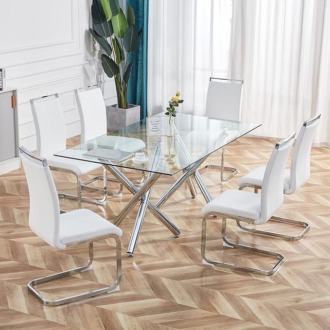 Dining Chairs Set, Kitchen Modern Metal Chairs with Faux Leather Padded Seat High Back and Sturdy Chrome Legs, Chairs for Dining Room (White, Set of 6) - LeafyLoom