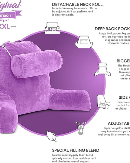 XXL Husband Pillow Light Purple Backrest with Arms - Adult Reading Pillow Shredded Memory Foam, Ultra-Comfy Removable Microplush Cover & Detachable Neck Roll, Unmatched Support Sit Up Bed Chair Pillow - LeafyLoom
