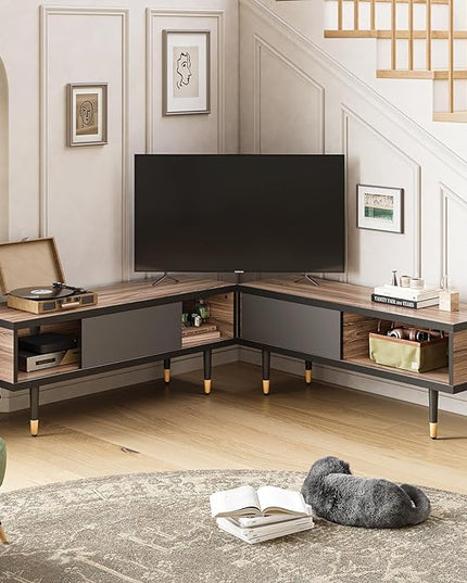 Bestier Mid Century Modern TV Stand for 85 inch tv, Entertainment Center with Storage and Sliding Doors, 2 in 1 Long TV Cabinet for Living Room, Pinewood - LeafyLoom