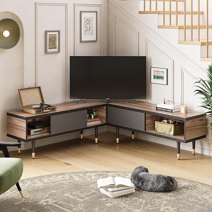 Bestier Mid Century Modern TV Stand for 85 inch tv, Entertainment Center with Storage and Sliding Doors, 2 in 1 Long TV Cabinet for Living Room, Pinewood - LeafyLoom