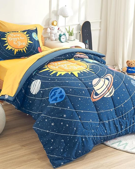 SLEEP ZONE Kids 7-Piece Soft Lightweight Bed in a Bag for Boys, Include Comforter, Flat Sheet, Fitted Sheet, Pillow sham, Pillowcase, Down Alternative Comforter Set(Solar System, Full/Queen) - LeafyLoom