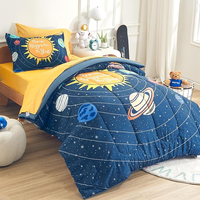 SLEEP ZONE Kids 7-Piece Soft Lightweight Bed in a Bag for Boys, Include Comforter, Flat Sheet, Fitted Sheet, Pillow sham, Pillowcase, Down Alternative Comforter Set(Solar System, Full/Queen) - LeafyLoom