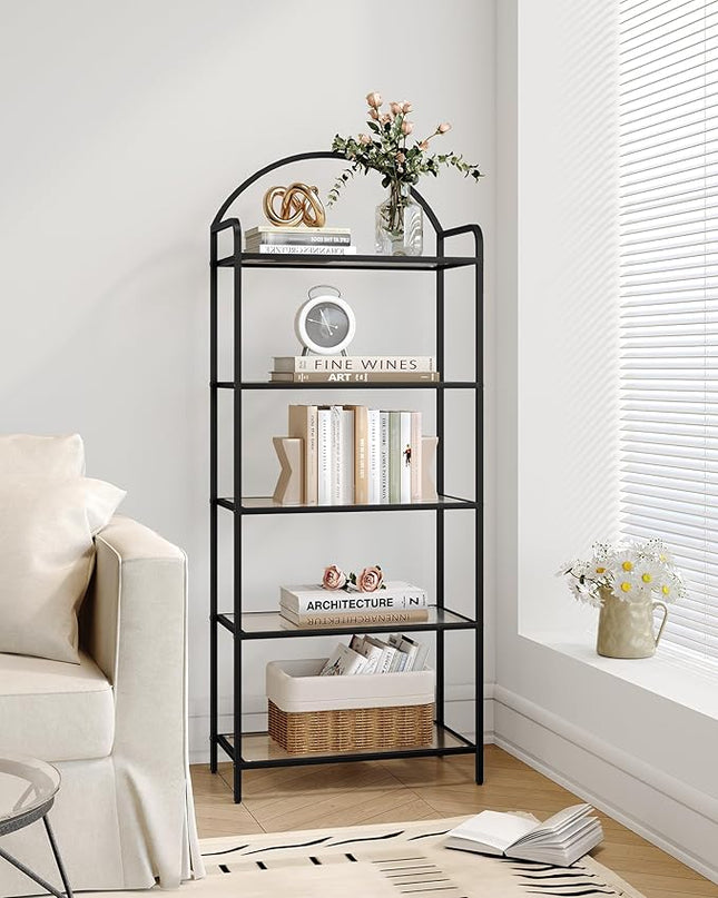 Bookcase Bookshelf, Tempered Glass Bookshelves, Slim Shelving Unit for Bedroom, Bathroom, Home Office, Steel Frame, 5 Tier Black BC21599B - LeafyLoom