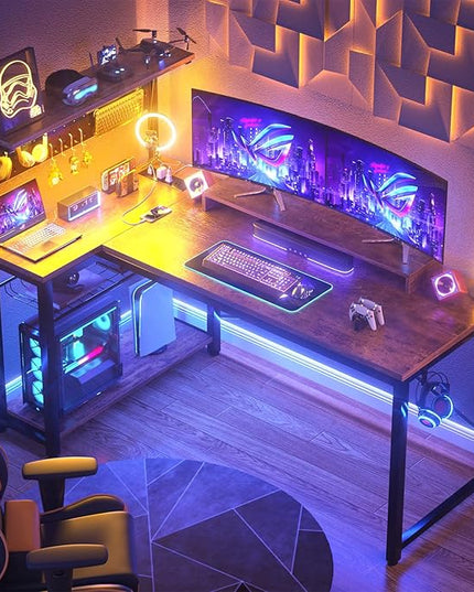 Homieasy Small Gaming Desk with Power Outlets Pegboard LED Light, 51 Inch L Shaped Computer Desk with Monitor Stand Storage Shelves, Reversible Corner Desk with Headset Hooks, Rustic Brown - LeafyLoom