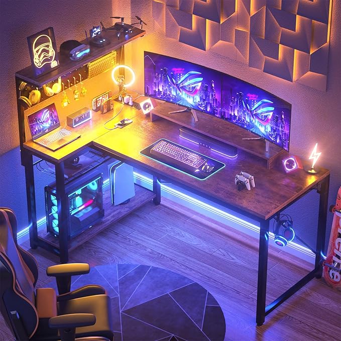 Homieasy Small Gaming Desk with Power Outlets Pegboard LED Light, 51 Inch L Shaped Computer Desk with Monitor Stand Storage Shelves, Reversible Corner Desk with Headset Hooks, Rustic Brown - LeafyLoom