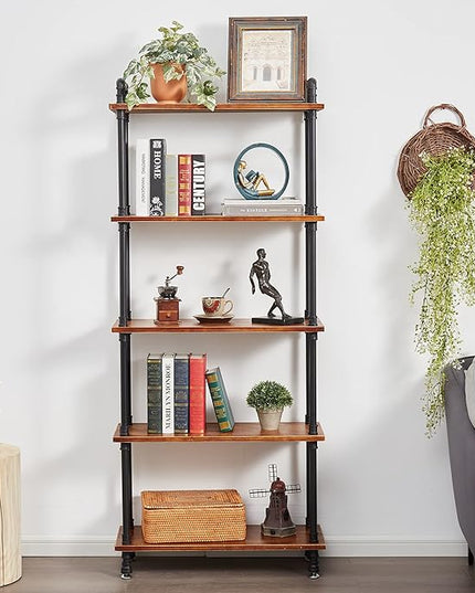 Industrial Bookshelf, Bookcases and Book Shelves 5 Shelf,Pipe Bookshelf, Industrial Pipe Shelving, Pipe Shelves(Rustic Brown, 29.5" L x 11.8" W x 70" H) - LeafyLoom
