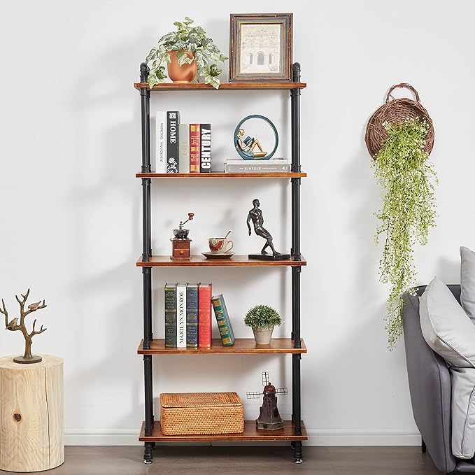 Industrial Bookshelf, Bookcases and Book Shelves 5 Shelf,Pipe Bookshelf, Industrial Pipe Shelving, Pipe Shelves(Rustic Brown, 29.5" L x 11.8" W x 70" H) - LeafyLoom