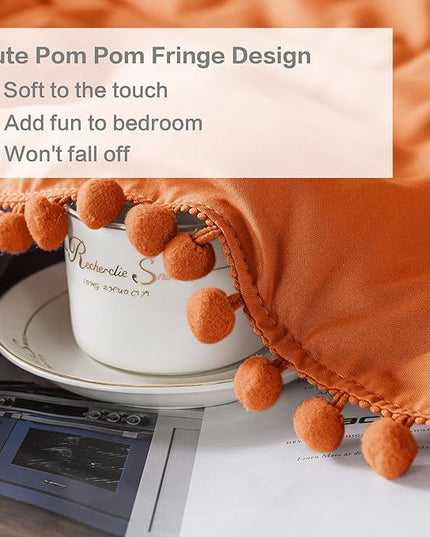 Litanika Queen Size Comforter Set Burnt Orange,3 Pieces Burnt Orange Boho Pom Pom Lightweight Bed Comforter, All Season Solid Color Bedding Comforter Sets (1 Comforter 90x90 Inch, 2 Pillowcases) - LeafyLoom