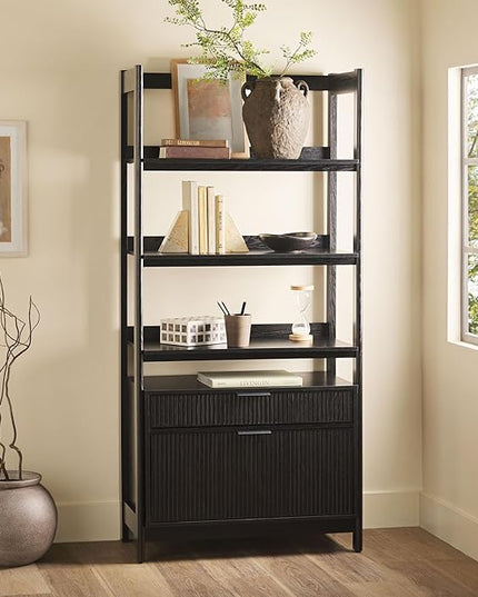 Walker Edison Modern Reeded 4-Shelf Bookshelf Bottom, 33 Inch, Two-Drawer Black - LeafyLoom