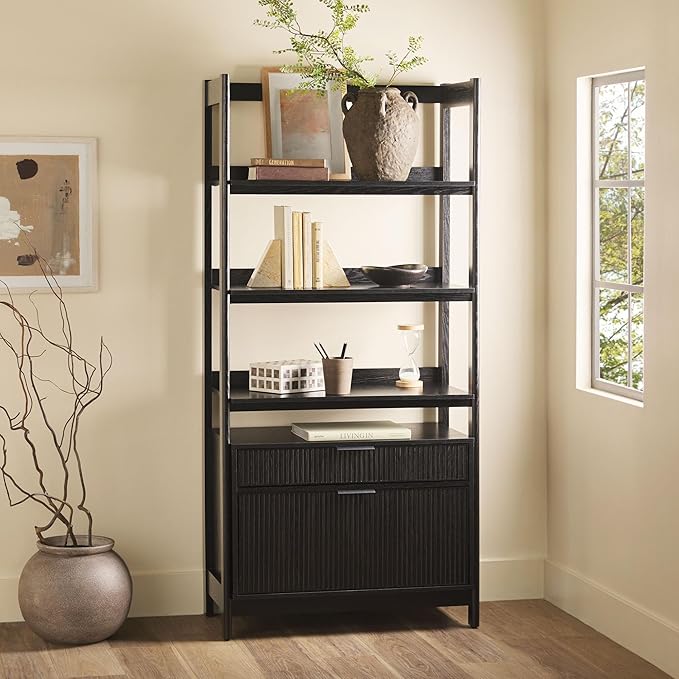 Walker Edison Modern Reeded 4-Shelf Bookshelf Bottom, 33 Inch, Two-Drawer Black - LeafyLoom