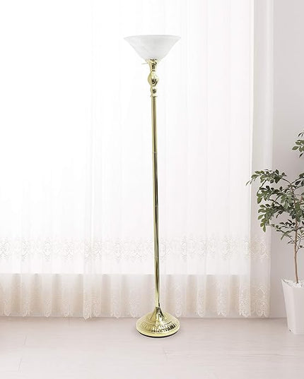 Elegant Designs LF2001-GLD 1 Light Torchiere Marbleized White Glass Shade Floor Lamp, Gold - LeafyLoom