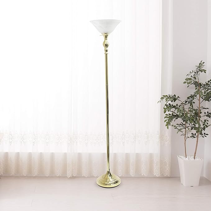 Elegant Designs LF2001-GLD 1 Light Torchiere Marbleized White Glass Shade Floor Lamp, Gold - LeafyLoom