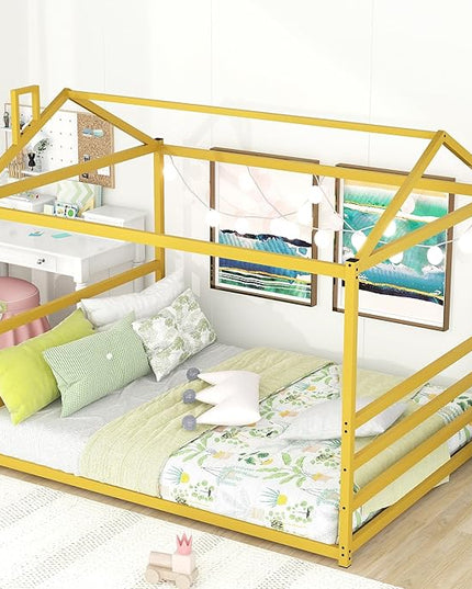 Queen Size Metal Floor Bed for Kids,Montessori Floor Bed with Roof,House Bed Frame for Boys Girls,Metal House Shape Platform Bed,Gold - LeafyLoom