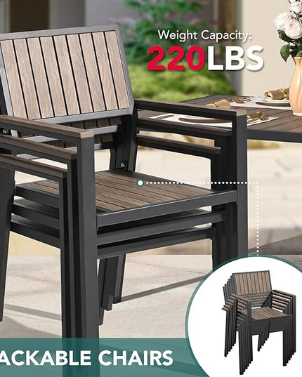 Pamapic 8-Piece Patio Dining Set，Outdoor Aluminum Furniture Set with Plastic-Wood Table Top,Outdoor Furniture Set with 6 Outdoor Stackable Chairs for Patio Garden Poolside (Black) - LeafyLoom