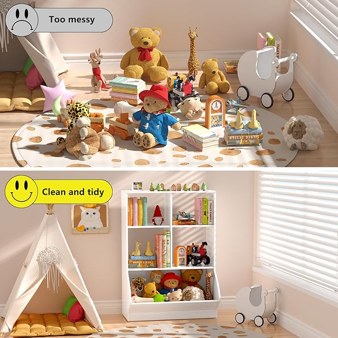 EasyCom 3 Tier Toy Storage Organizer, 5 Cube Toy Shelf and Bookcase Storage Cabinet, Book Shelf for Playroom Bedroom Living Room Nursery White - LeafyLoom
