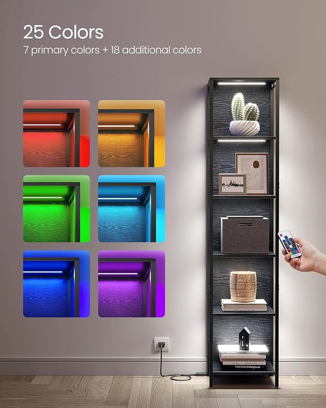 VASAGLE 6-Tier LED Bookshelf, Display Shelf with Dimmable Lights, LED Bookcase with Steel Frame, 11.9 x 15.7 x 70.3 Inches, for Living Room, Bedroom, Office, Black with Wood Grain ULLS121B56 - LeafyLoom
