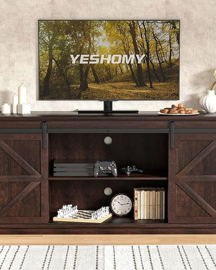 YESHOMY TV Stand for Televisions up to 65 Inchs, with Sliding Barn Doors and Storage Cabinets, Console Table and Media Furniture for Living Room, 58 Inch, Espresso - LeafyLoom