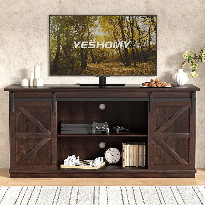 YESHOMY TV Stand for Televisions up to 65 Inchs, with Sliding Barn Doors and Storage Cabinets, Console Table and Media Furniture for Living Room, 58 Inch, Espresso - LeafyLoom