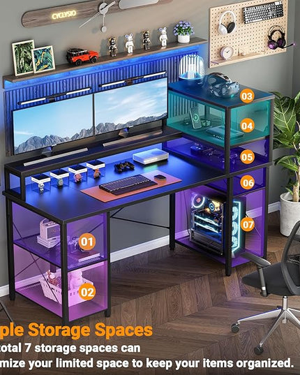Cyclysio 55 inch Gaming Desk with LED Light, Adjustable Computer Desk with Storage Shelves, Home Office Desk with Power Outlets, Computer Gaming Desk with Long Monitor Stand for Small Space, Black - LeafyLoom