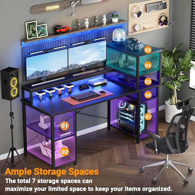 Cyclysio 55 inch Gaming Desk with LED Light, Adjustable Computer Desk with Storage Shelves, Home Office Desk with Power Outlets, Computer Gaming Desk with Long Monitor Stand for Small Space, Black - LeafyLoom