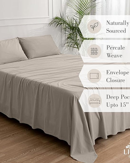 Linen Home Washed Cotton Percale Full Sheet Set, Silver, Deep Pocket, 4 Pieces Bed Sheets - 1 Flat Sheet, 1 Fitted Sheet & 2 Envelope Closure Pillowcases, Cool and Comfortable Bed Linen - LeafyLoom