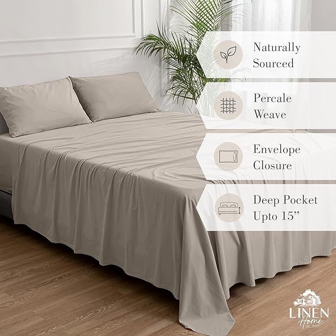 Linen Home Washed Cotton Percale Full Sheet Set, Silver, Deep Pocket, 4 Pieces Bed Sheets - 1 Flat Sheet, 1 Fitted Sheet & 2 Envelope Closure Pillowcases, Cool and Comfortable Bed Linen - LeafyLoom