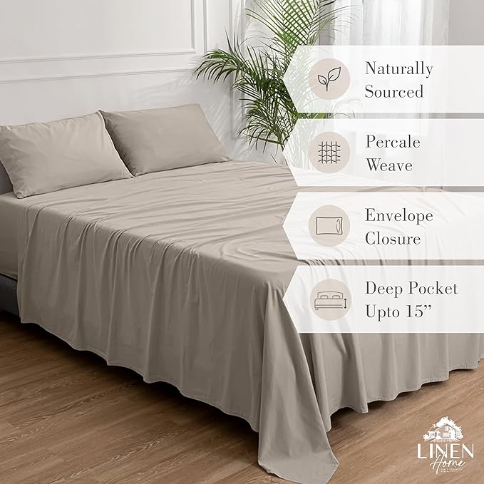 Linen Home Washed Cotton Percale Twin Sheet Set, Silver, Deep Pocket, 3 Pieces Bed Sheets - 1 Flat Sheet, 1 Fitted Sheet & 1 Envelope Closure Pillowcase, Cool and Comfortable Bed Linen - LeafyLoom