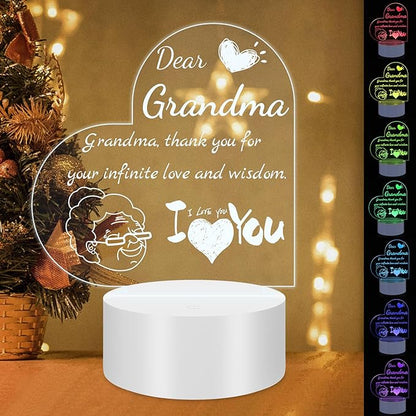 Night Light Gifts for Grandma: Engraved Acrylic LED Rechargeable Night Lamp with 3 Level of Dimming and 10 Color Modes-Grandmother's Birthday Christmas Mothers Day Gifts from Grandchildren - LeafyLoom
