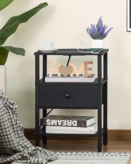 Lerliuo Nightstand with Charging Station and USB Ports, 3-Tier Storage End Table with Drawer Shelf, Night Stand for Small Spaces, Wood Bed Side Table for Living Room, Bedroom - Classic Black - LeafyLoom