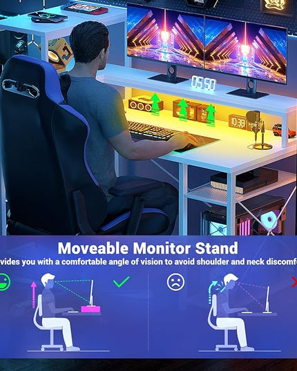 Cyclysio 55 inch Gaming Desk with LED Light, Adjustable Computer Desk with Storage Shelves, Home Office Desk with Power Outlets, Computer Gaming Desk with Long Monitor Stand for Small Space, White - LeafyLoom