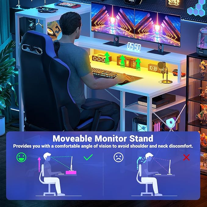 Cyclysio 55 inch Gaming Desk with LED Light, Adjustable Computer Desk with Storage Shelves, Home Office Desk with Power Outlets, Computer Gaming Desk with Long Monitor Stand for Small Space, White - LeafyLoom