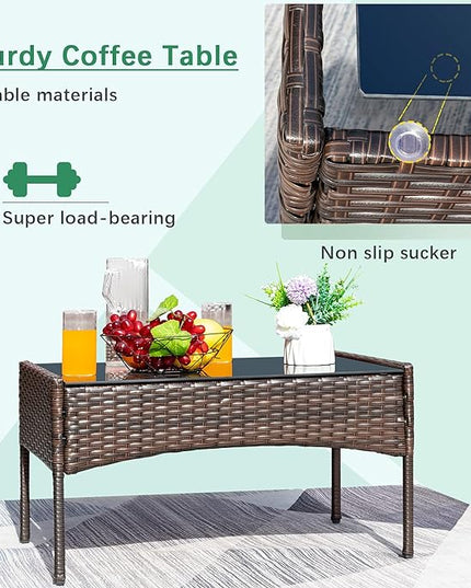 Greesum Patio Furniture 4 Pieces Conversation Sets Outdoor Wicker Rattan Chairs Garden Backyard Balcony Porch Poolside loveseat with Soft Cushion and Glass Table, Brown and Beige - LeafyLoom