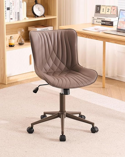 YOUTASTE Dark Brown Office Chair Modern Armless Desk Chair with Wheels Adjustable Swivel Rocking Rolling Computer Study Chairs Faux Leather Sewing Chairs with Back Stylish Vanity Chair - LeafyLoom
