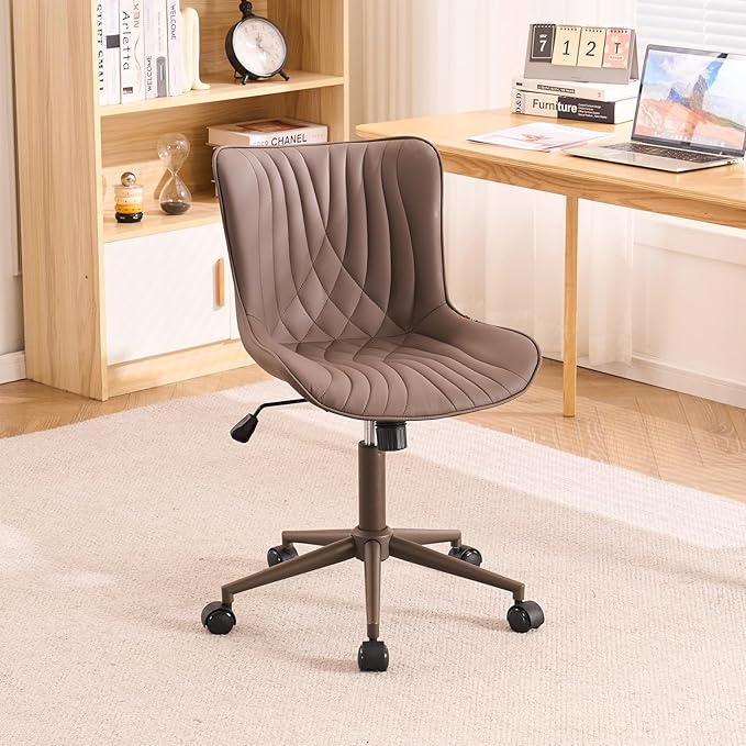 YOUTASTE Dark Brown Office Chair Modern Armless Desk Chair with Wheels Adjustable Swivel Rocking Rolling Computer Study Chairs Faux Leather Sewing Chairs with Back Stylish Vanity Chair - LeafyLoom