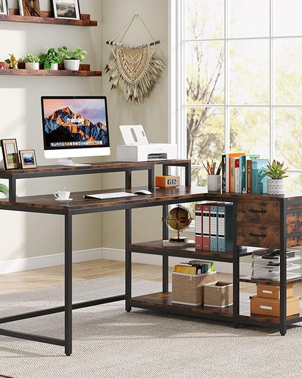 Reversible L-Shaped Computer Desk with hutch & Shelf,rustic - LeafyLoom