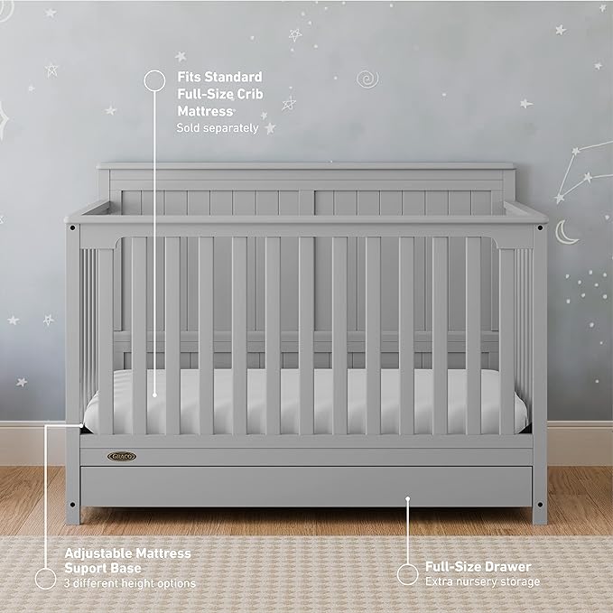 Graco Hadley 5-in-1 Convertible Crib with Drawer (Pebble Gray) – GREENGUARD Gold Certified, Crib with Drawer Combo, Full-Size Nursery Storage Drawer, Converts to Toddler Bed, Daybed - LeafyLoom