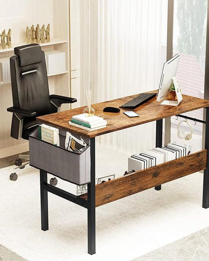 DKLGG Small Computer Desk Study Table, 43 Inch Home Office Laptop Table for Small Spaces, Modern Work Writing Table with Storage Bag & Headphone Hook, Rustic Brown - LeafyLoom