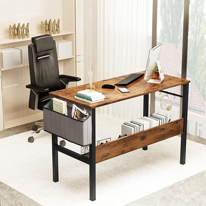 DKLGG Small Computer Desk Study Table, 43 Inch Home Office Laptop Table for Small Spaces, Modern Work Writing Table with Storage Bag & Headphone Hook, Rustic Brown - LeafyLoom