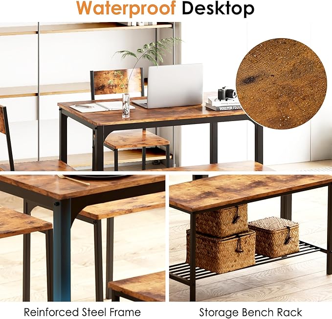 sogesfurniture Modern 4-Piece Kitchen Dining Table Set with 1 Bench and 2 Chairs, Kitchen Bench Table Set for 4, Wooden Kitchen Table and Chairs for Limited Space,Rustic Brown - LeafyLoom