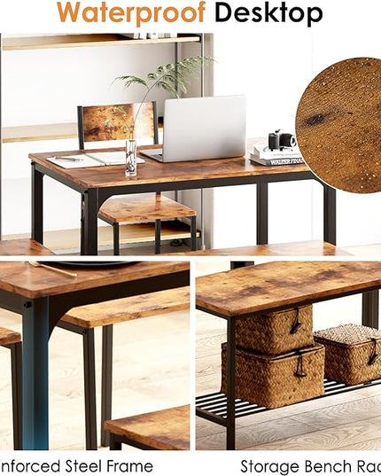 sogesfurniture 4 Piece Dining Table Set, Dining Room Set, Kitchen Dinner Table with Benches for 4, includes Table, 2 Chairs & Bench, Rustic Brown - LeafyLoom