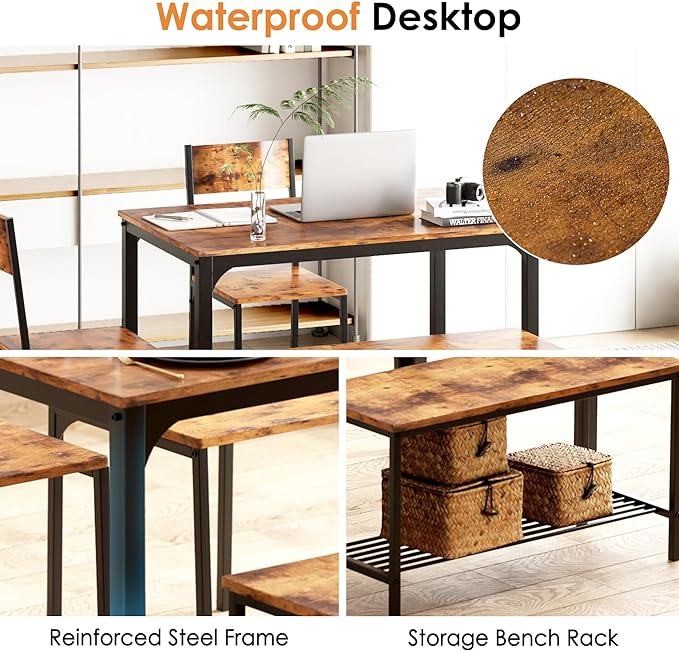 sogesfurniture 4 Piece Dining Table Set, Dining Room Set, Kitchen Dinner Table with Benches for 4, includes Table, 2 Chairs & Bench, Rustic Brown - LeafyLoom