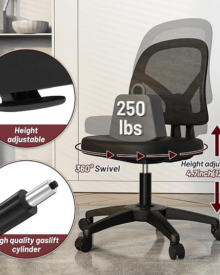 KOLLIEE Armless Mesh Office Chair Ergonomic Small Desk Chair No Arms Black Swivel Computer Chair with Wheels Task Chair for Small Spaces Mid Back Home Office Chair for Adults and Kids - LeafyLoom